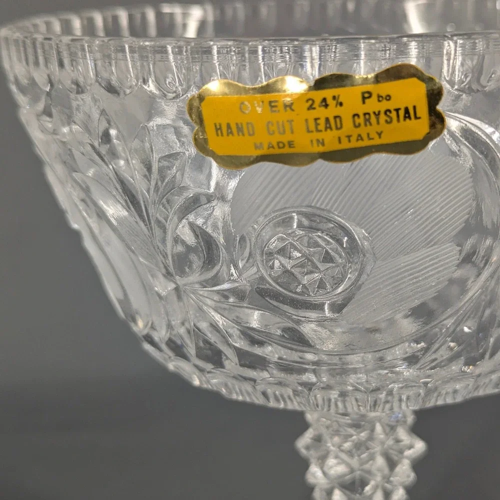 Vintage Italian Hand Cut Lead Crystal Pedestal Bowl 24% Pbo Floral Compote 6.75